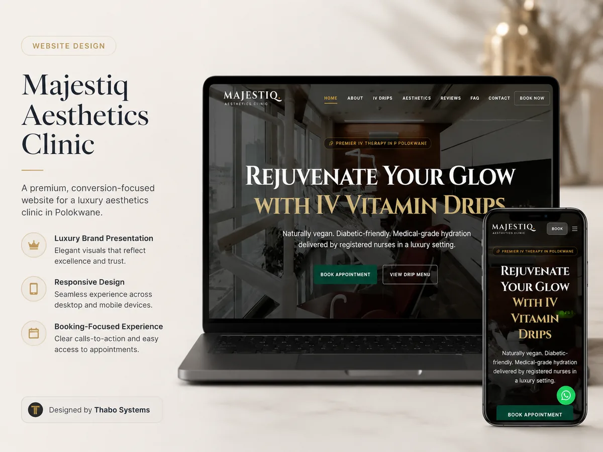Majestiq Aesthetics Clinic luxury website mockup by Thabo Systems