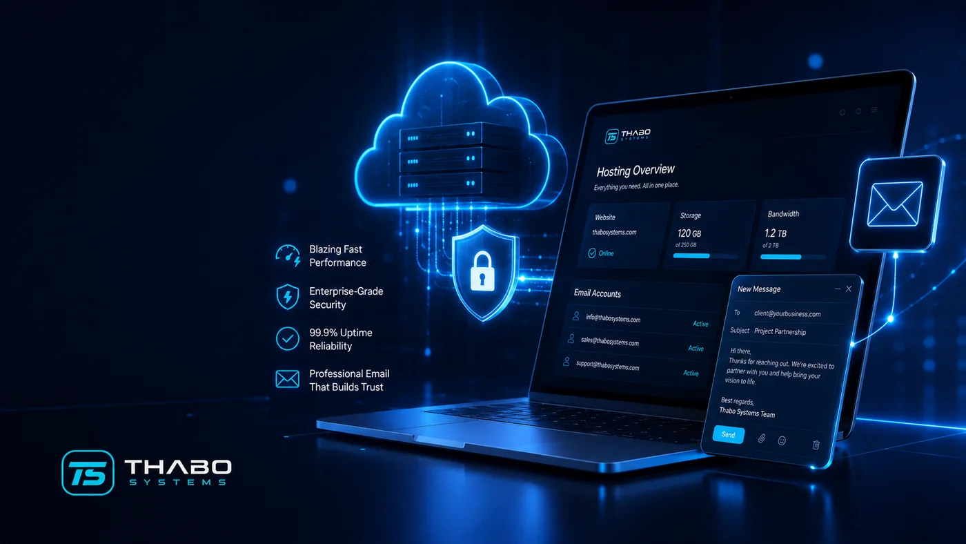 Cloud hosting and business email illustration with secure server and email interface
